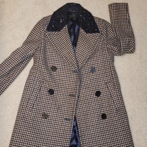 JCrew plaid wool embellished collar pea coat
